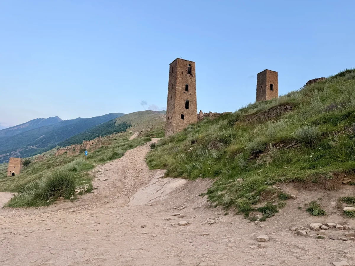 Две старые каменные башни на травянистом плато и горы вдали