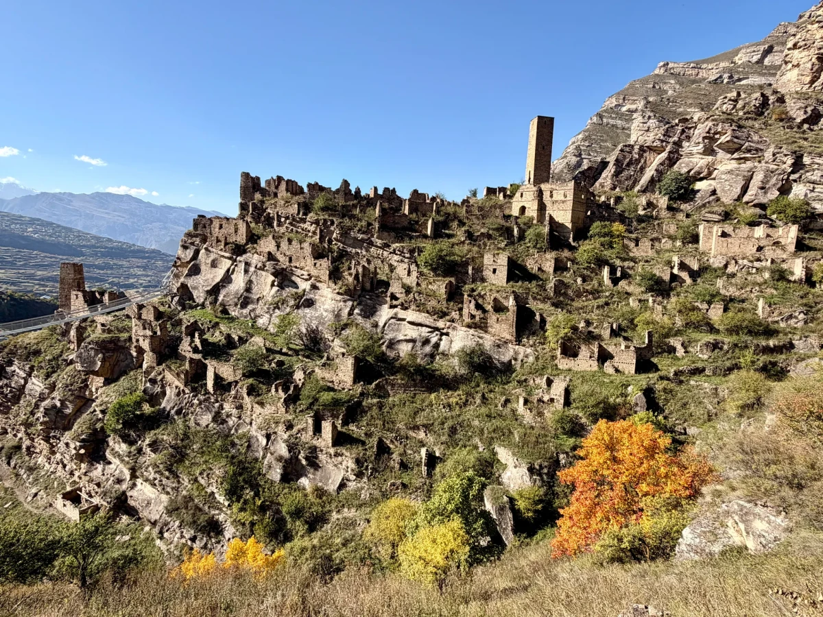 Широкая панорама старого аула с башнями и деревьями на склоне