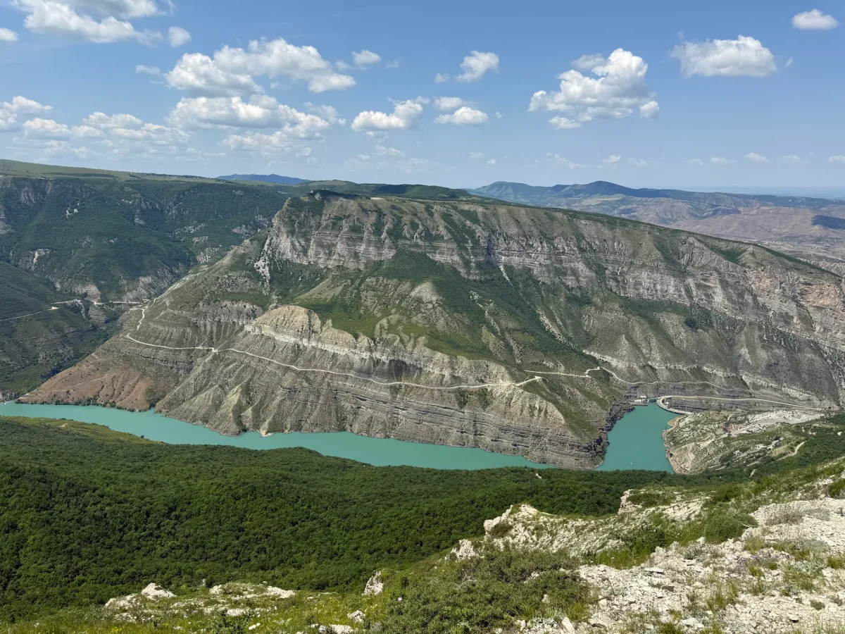 Широкая панорама каньона с бирюзовой излучиной и зелёным передним планом